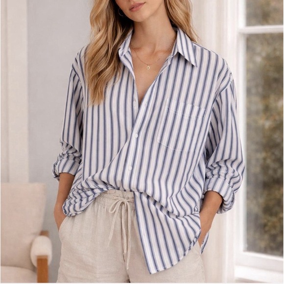 Maeve Anthropologie Blue Stripe Button Down Shirt XL Relaxed Oversized Coastal - Picture 2 of 10